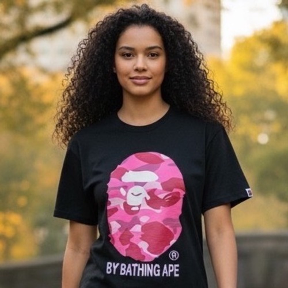 A Bathing Ape BAPE Womens Black Pink Camo Big Ape‎ Head Graphic T-Shirt Large